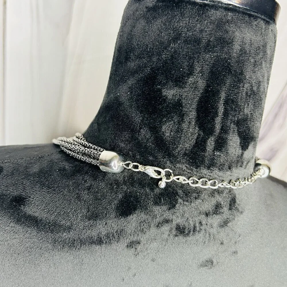Silver Tone Chain Mail Bib Multi-Strand Necklace 20